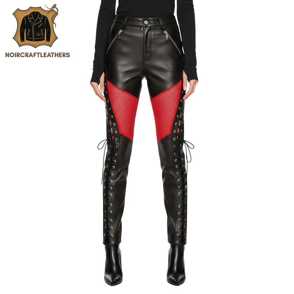 Women's Black Lambskin Leather Lace Up Pants Red Mesh Panel High Waisted Trousers Goth Biker Rock Style Streetwear Fashion Gift