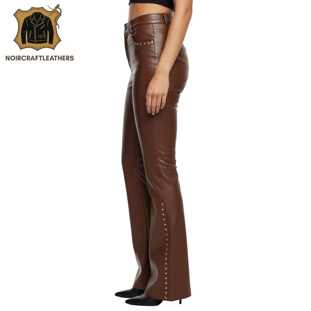 Brown Lambskin Leather Studded Flare Pants - Western Rock Style