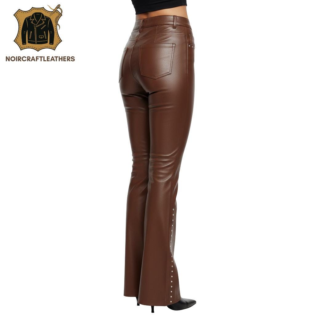 Brown Lambskin Leather Studded Flare Pants - Western Rock Style