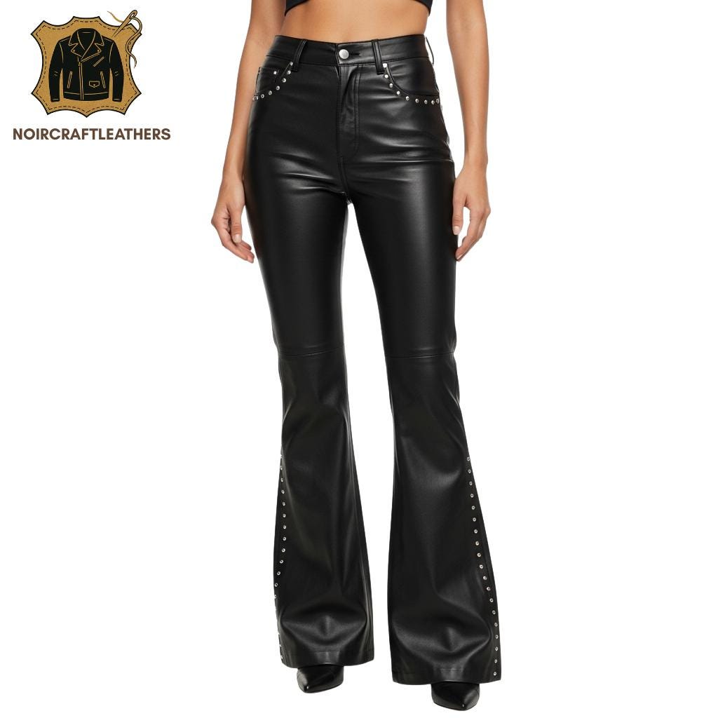 Brown Lambskin Leather Studded Flare Pants - Western Rock Style