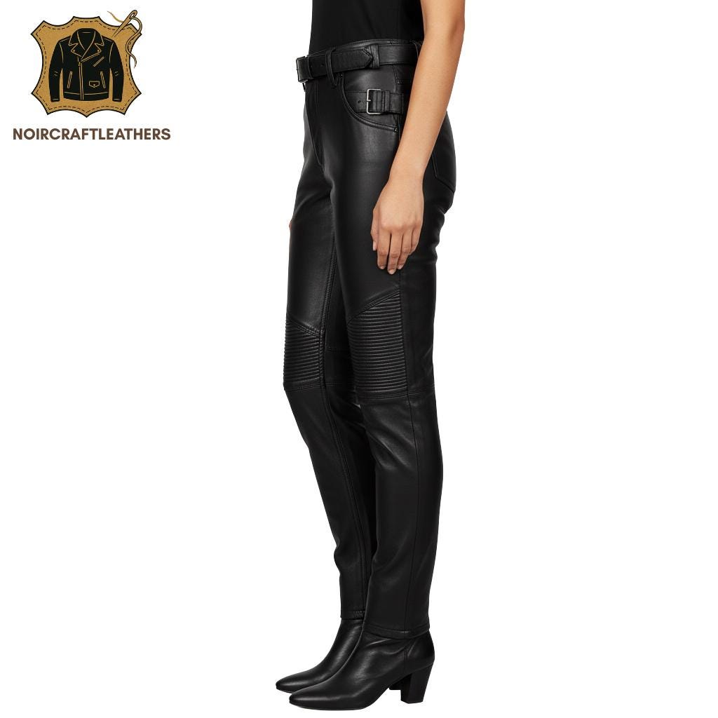 Women's Lambskin Leather Biker Pants - High Waisted Quilted Trousers