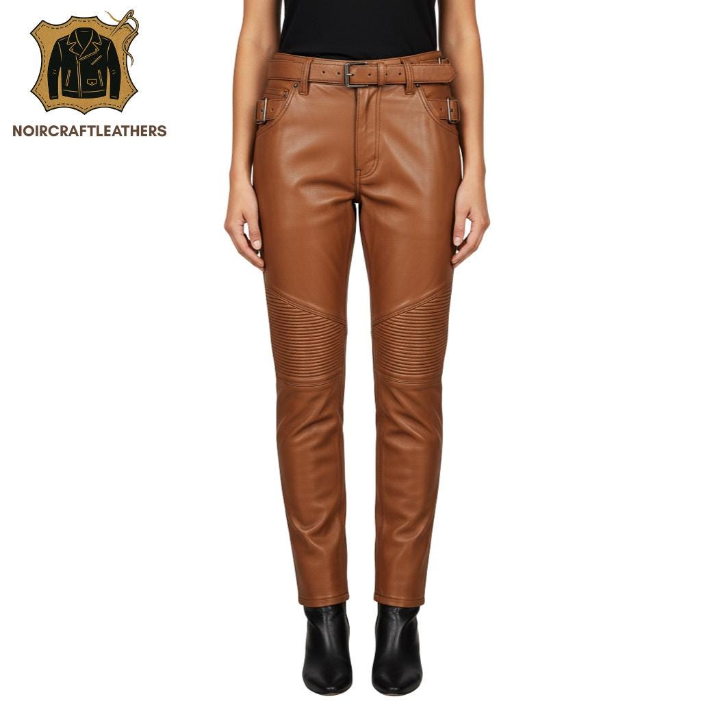 Women's Lambskin Leather Biker Pants - High Waisted Quilted Trousers
