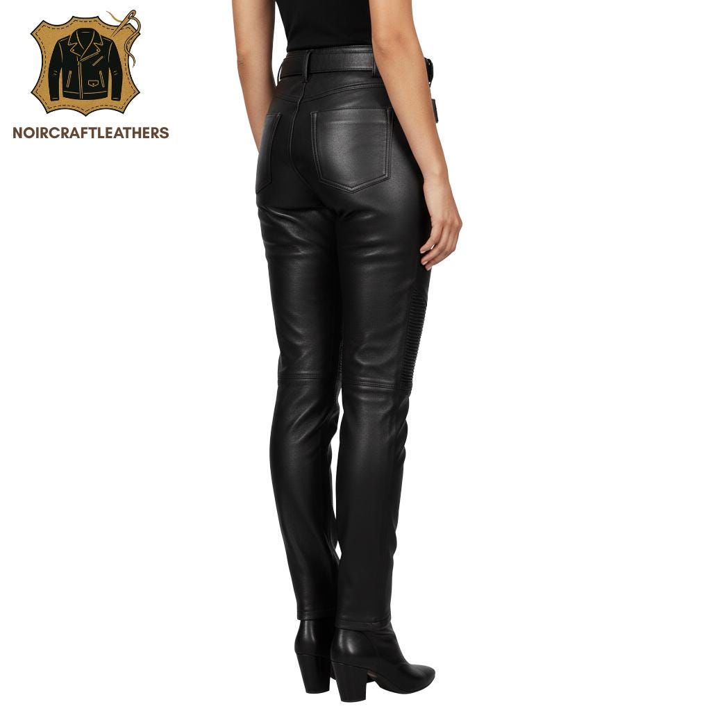 Women's Lambskin Leather Biker Pants - High Waisted Quilted Trousers