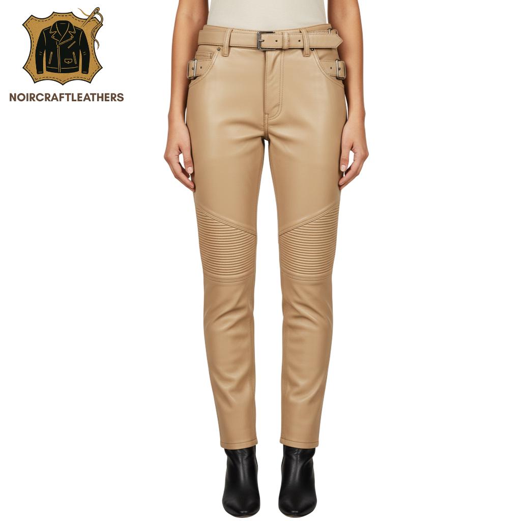 Women's Lambskin Leather Biker Pants - High Waisted Quilted Trousers
