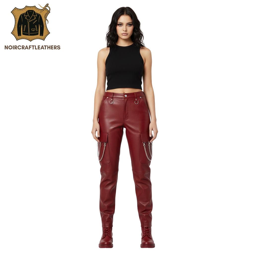 Lambskin Leather Cargo Pants: High Waisted Goth Punk Trousers with Chains