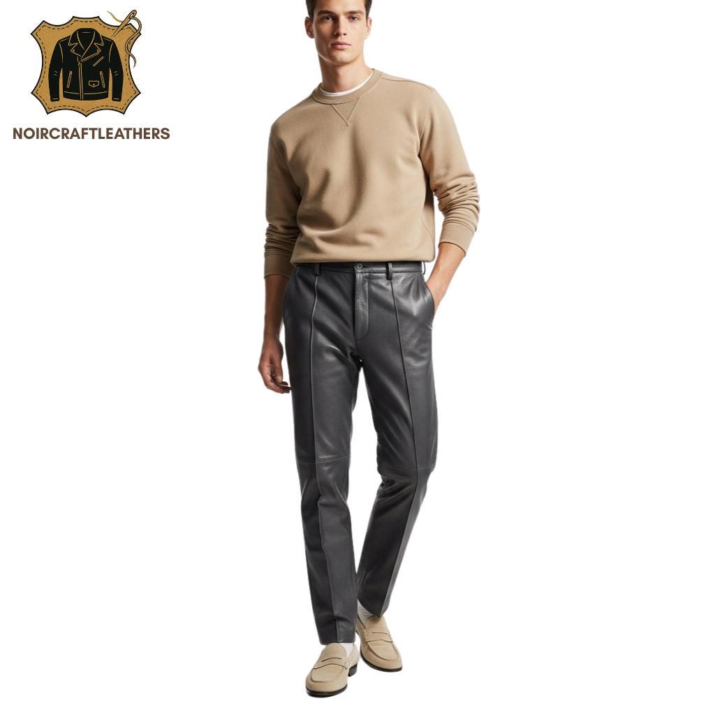 Men's Lambskin Leather Trousers: Charcoal Gray Slim-Fit Pants with Center Seam