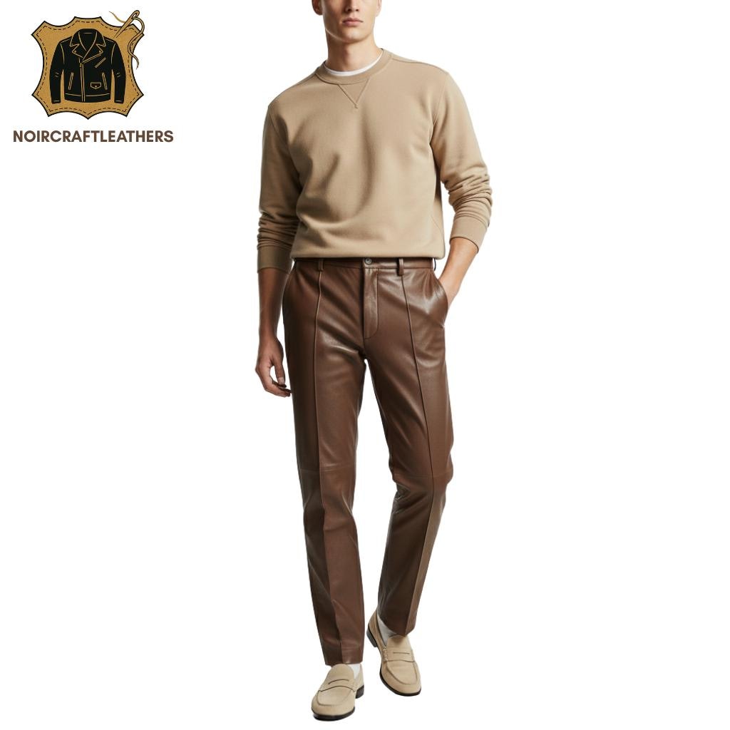Men's Lambskin Leather Trousers: Charcoal Gray Slim-Fit Pants with Center Seam