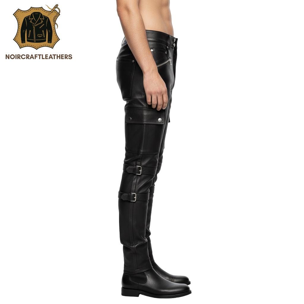 Men's Black Lambskin Leather Biker Pants: Slim Fit Cargo Trousers