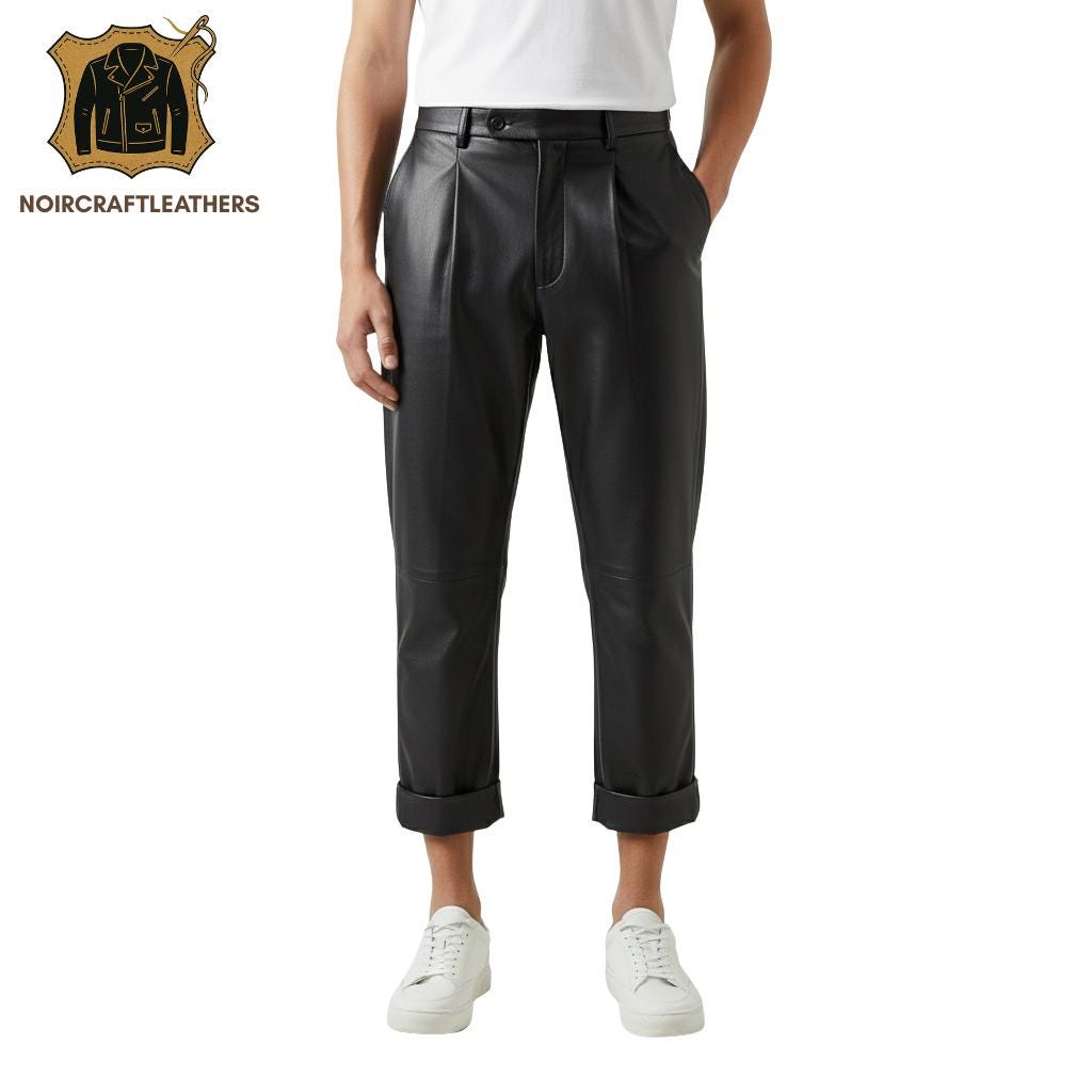 Men's Maroon Lambskin Leather Pleated Trousers: Slim Fit Cuffed Pants