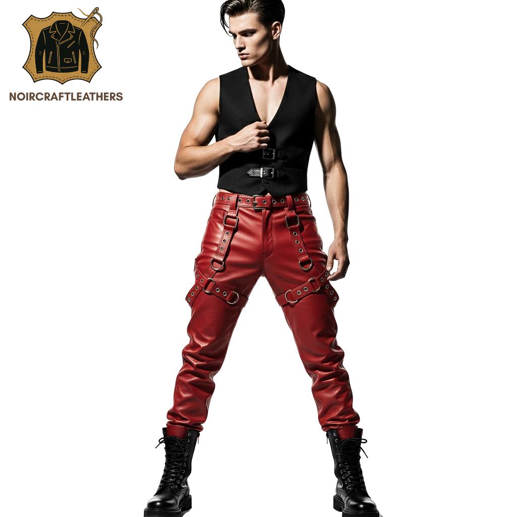 Men's Brown Lambskin Leather Bondage Pants Ring Straps Goth Punk Style Trousers SteamPunk Halloween Cosplay Perfect Gift For Him