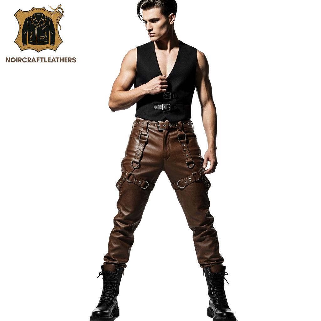 Men's Brown Lambskin Leather Bondage Pants Ring Straps Goth Punk Style Trousers SteamPunk Halloween Cosplay Perfect Gift For Him