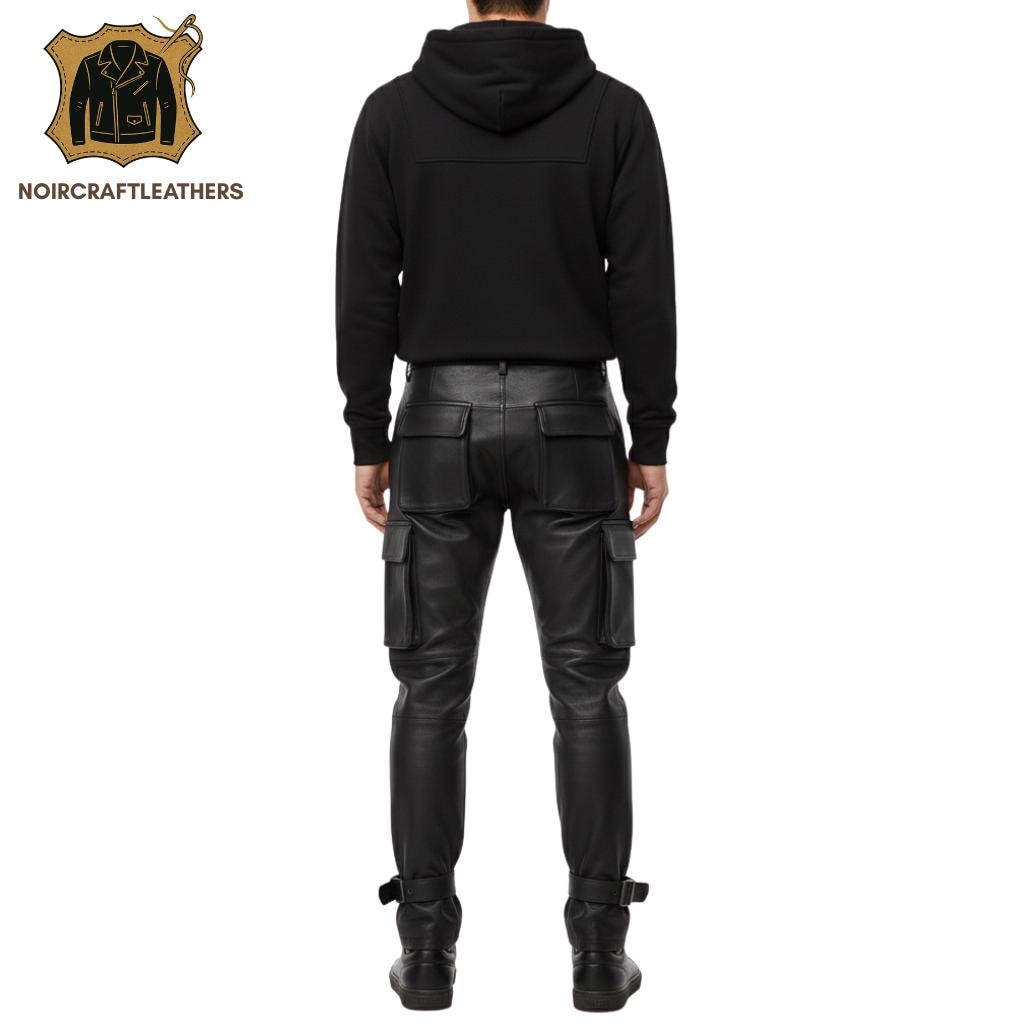 Men's Lambskin Leather Cargo Pants: Slim Fit Biker Trousers