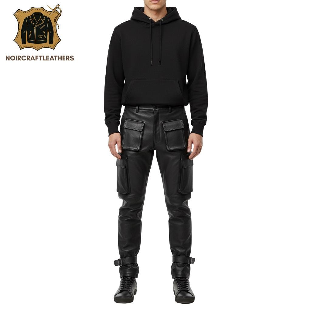 Men's Lambskin Leather Cargo Pants: Slim Fit Biker Trousers