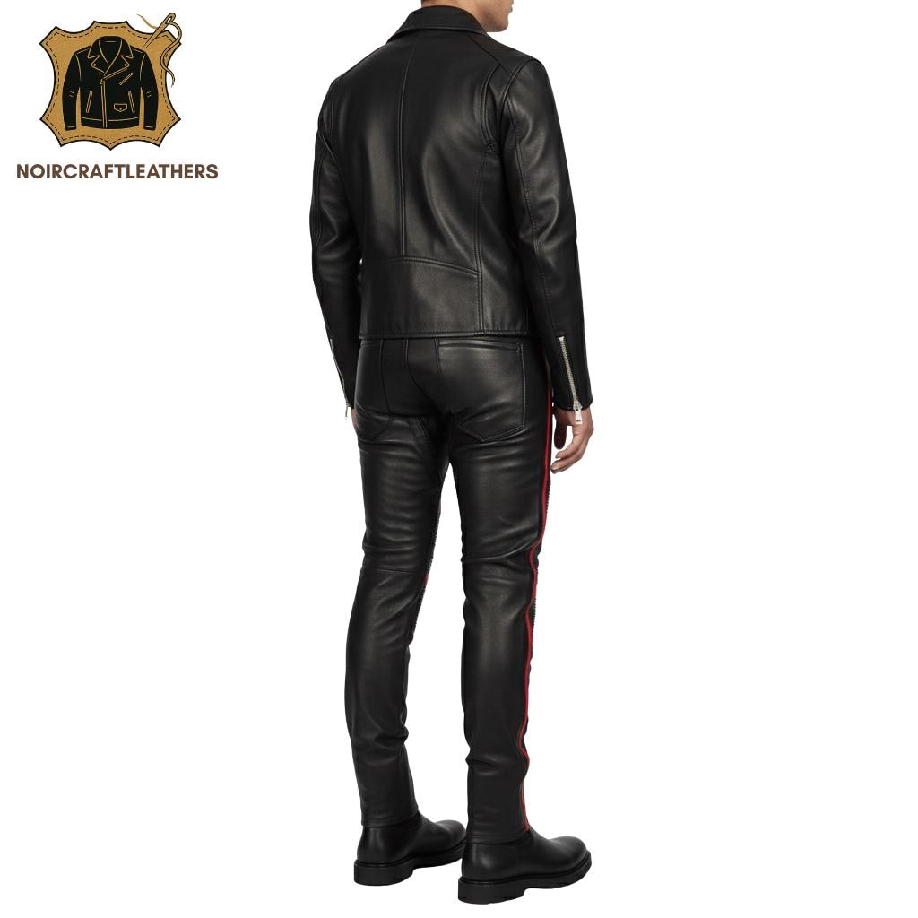 Men's Black Lambskin Leather Biker Pants: Red Stripe Quilted Trousers