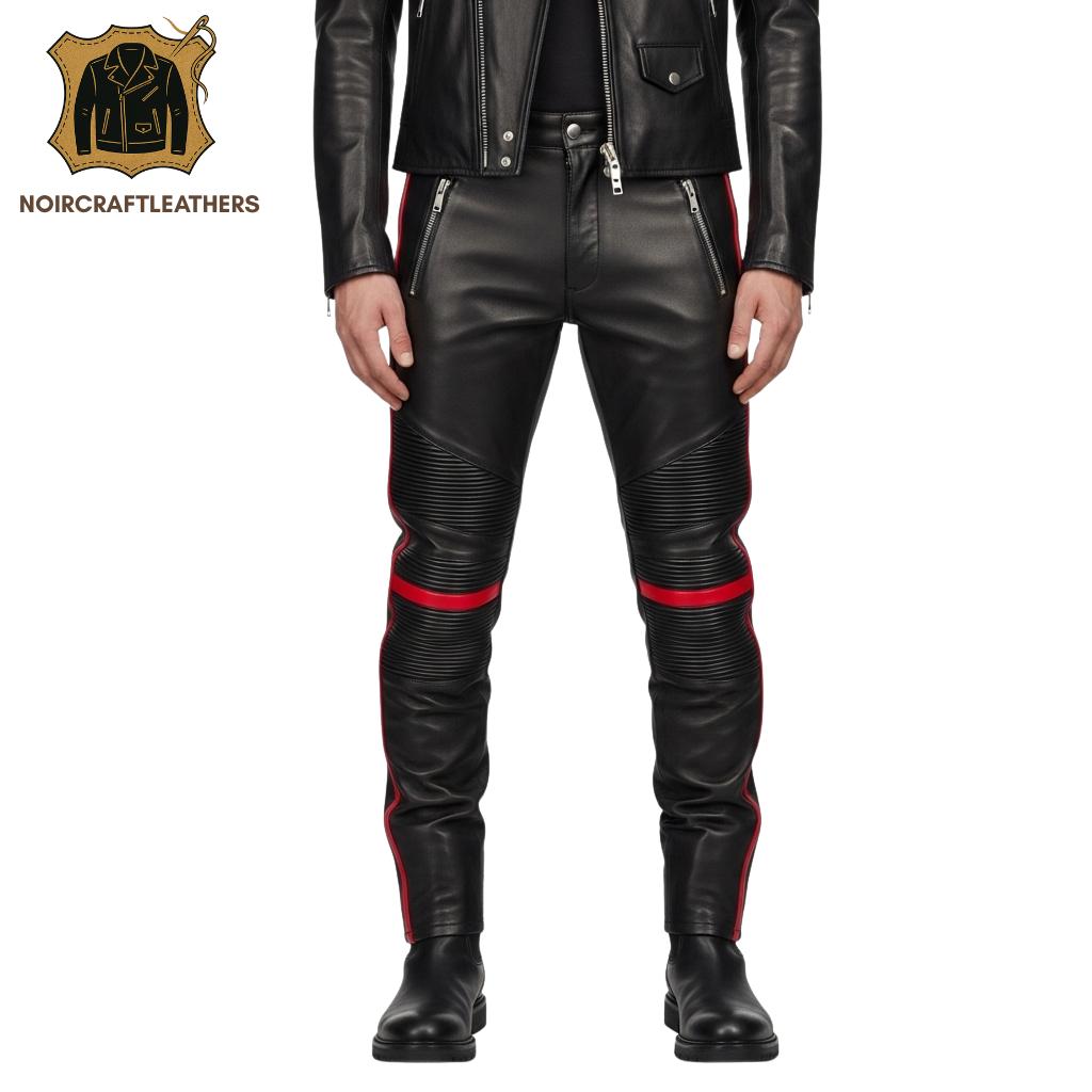 Men's Black Lambskin Leather Biker Pants: Red Stripe Quilted Trousers