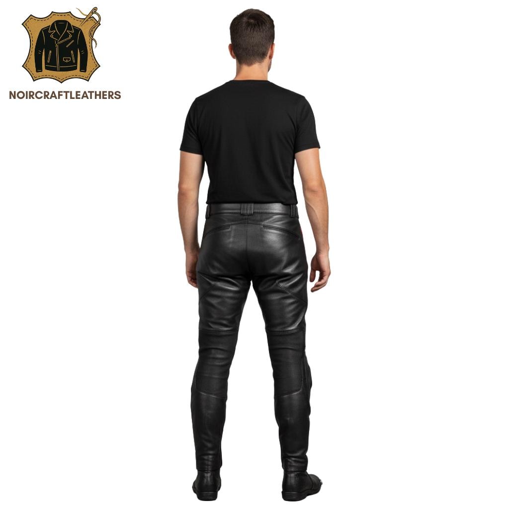 Men's Black Lambskin Leather Motorcycle Pants: Red Stripe Biker Trousers