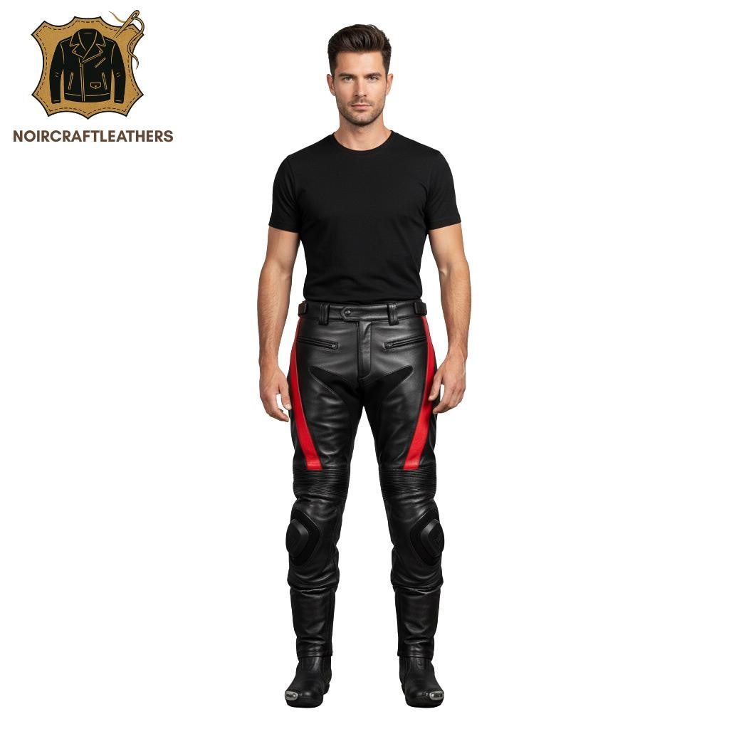 Men's Black Lambskin Leather Motorcycle Pants: Red Stripe Biker Trousers