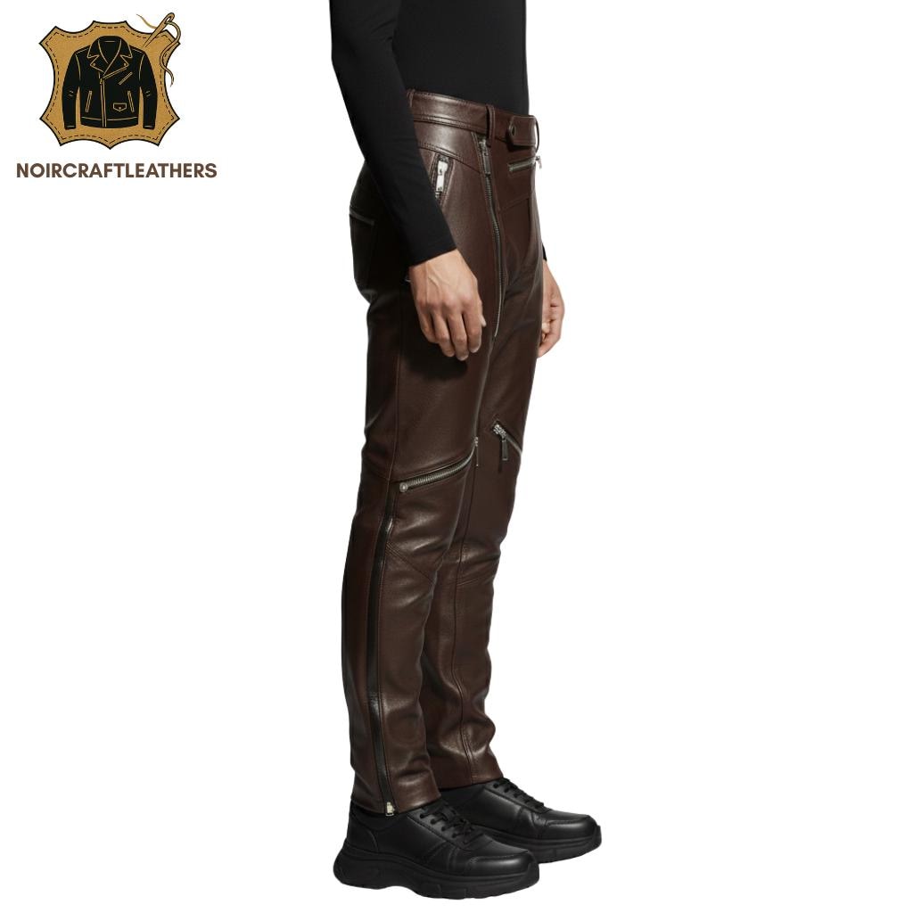 Men's Brown Lambskin Leather Zipper Pants: Asymmetric Biker Style