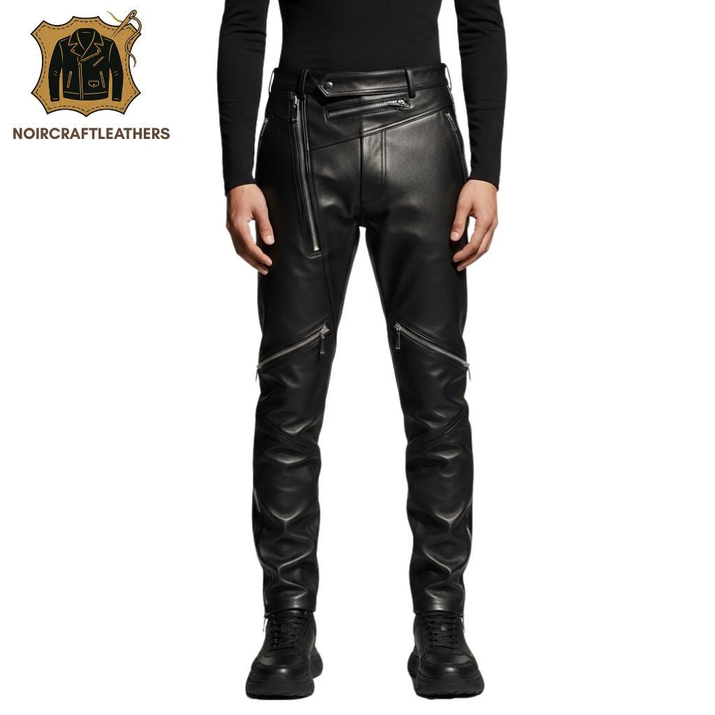 Men's Brown Lambskin Leather Zipper Pants: Asymmetric Biker Style