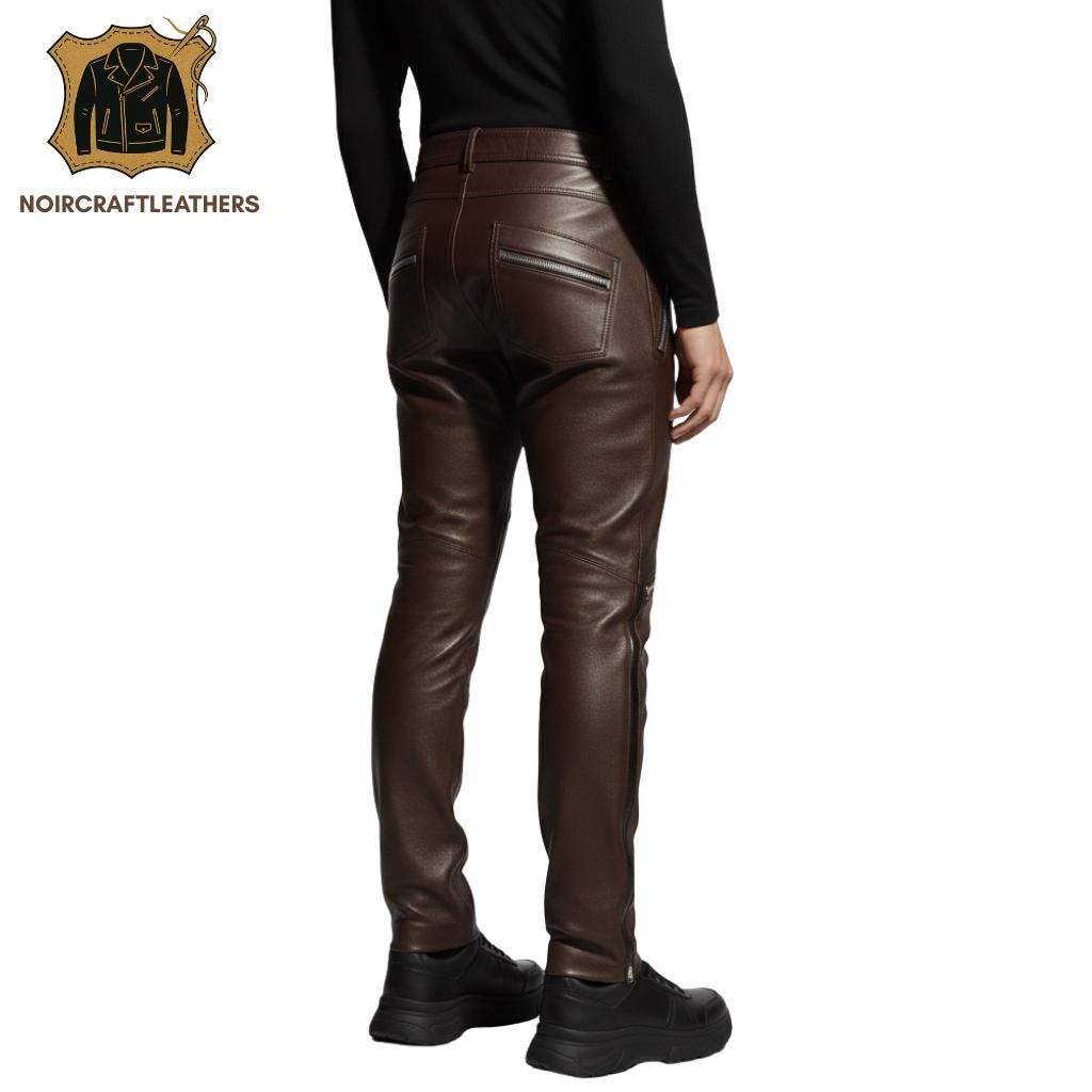 Men's Brown Lambskin Leather Zipper Pants: Asymmetric Biker Style