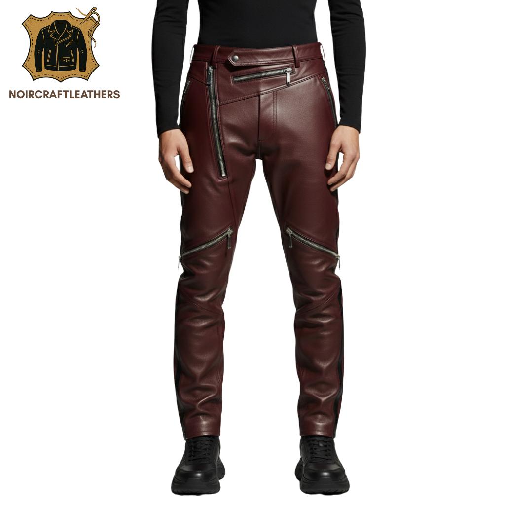 Men's Brown Lambskin Leather Zipper Pants: Asymmetric Biker Style