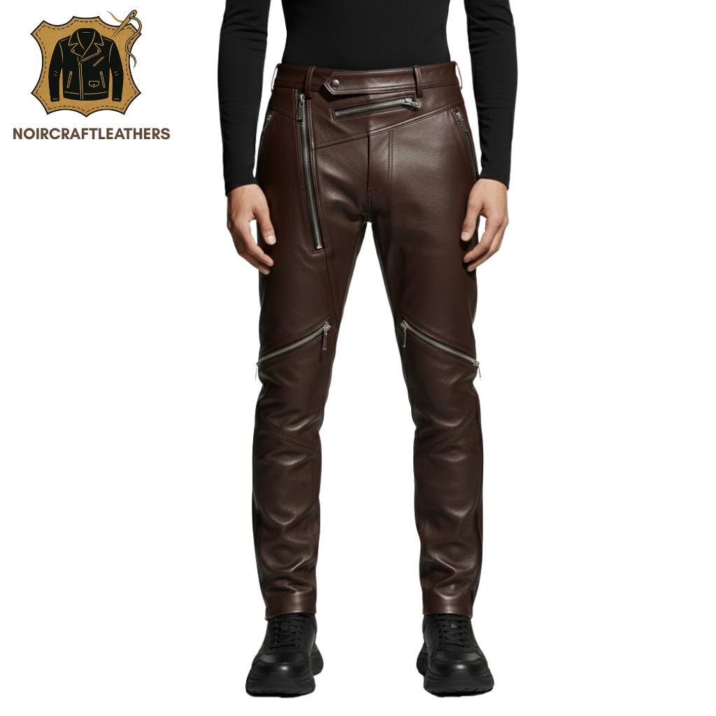 Men's Brown Lambskin Leather Zipper Pants: Asymmetric Biker Style