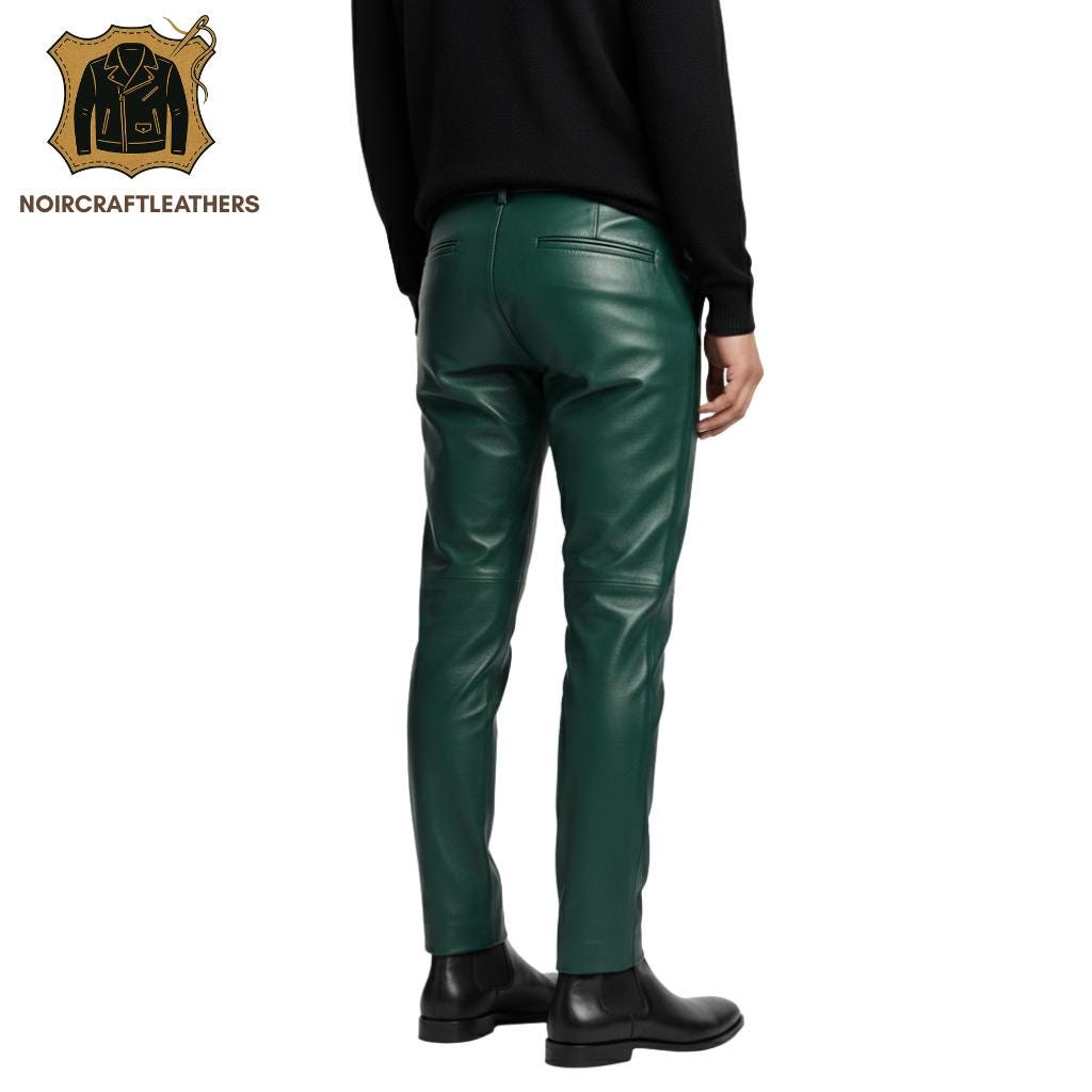 Men's Green Lambskin Leather Trousers: Slim Fit, Piping Detail