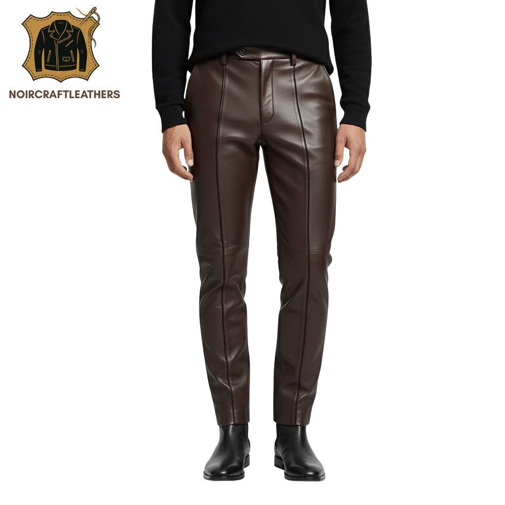 Men's Green Lambskin Leather Trousers: Slim Fit, Piping Detail