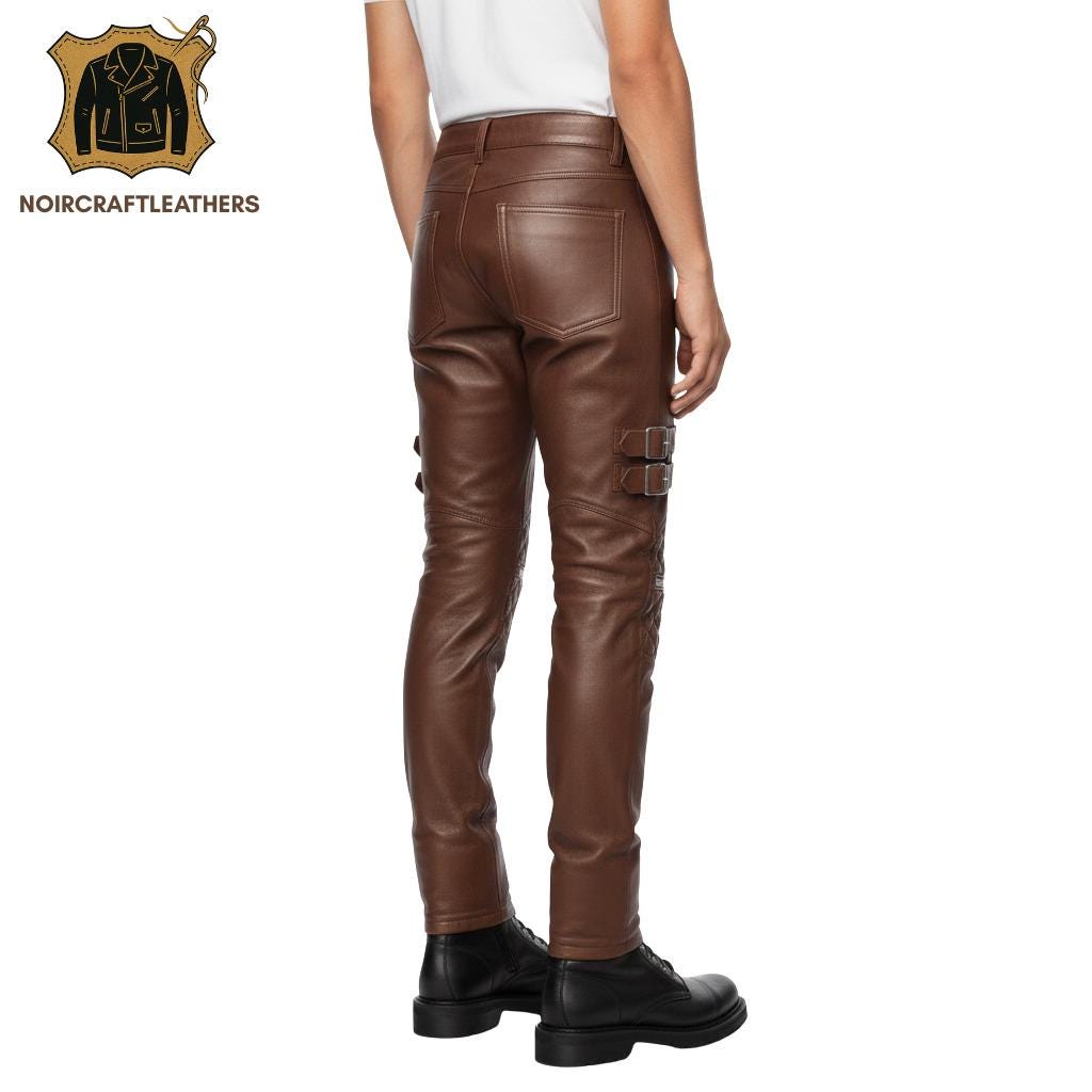 Men's Brown Lambskin Leather Biker Pants: Quilted Slim Fit Trousers