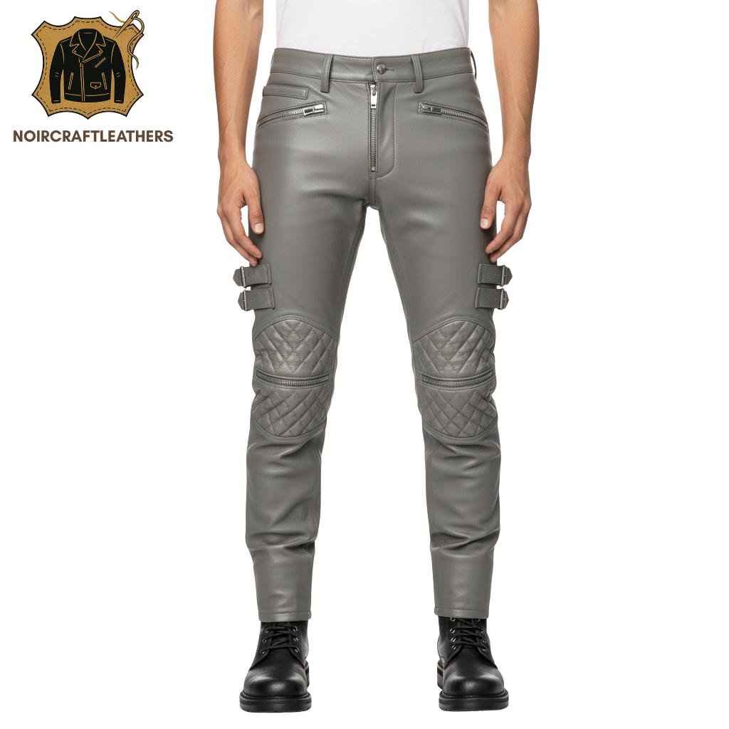Men's Brown Lambskin Leather Biker Pants: Quilted Slim Fit Trousers