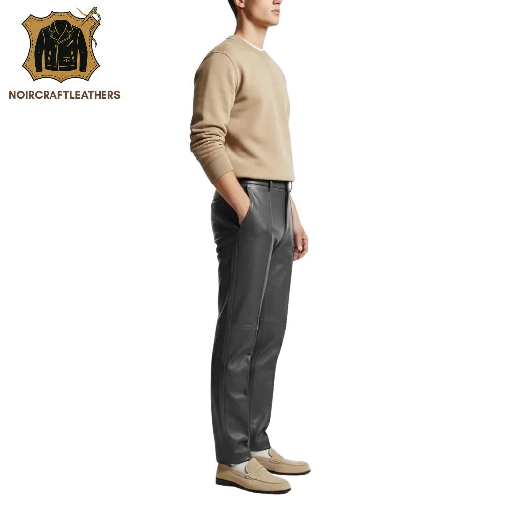 Men's Lambskin Leather Trousers: Charcoal Gray Slim-Fit Pants with Center Seam