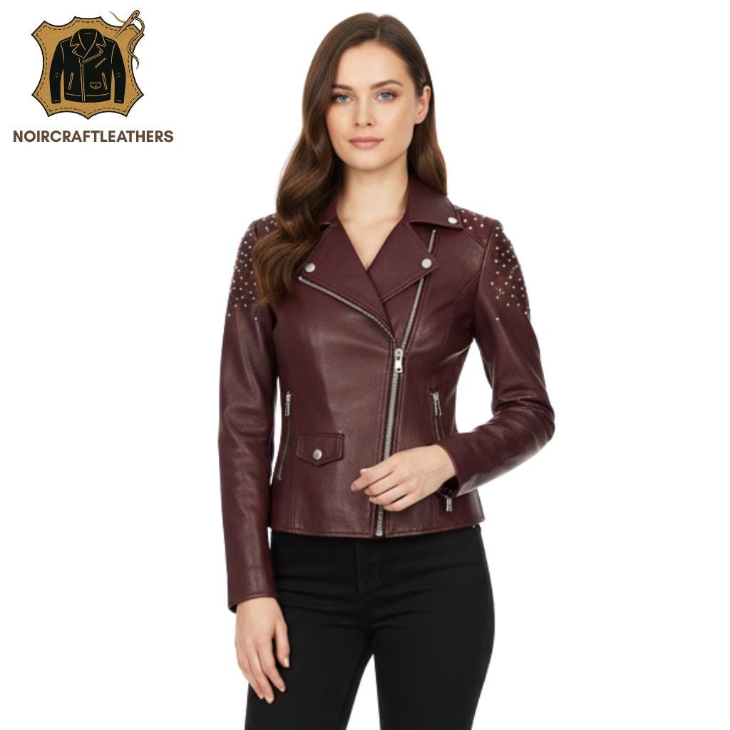 Maroon Studded Lambskin Leather Biker Jacket - Cropped Motorcycle Coat
