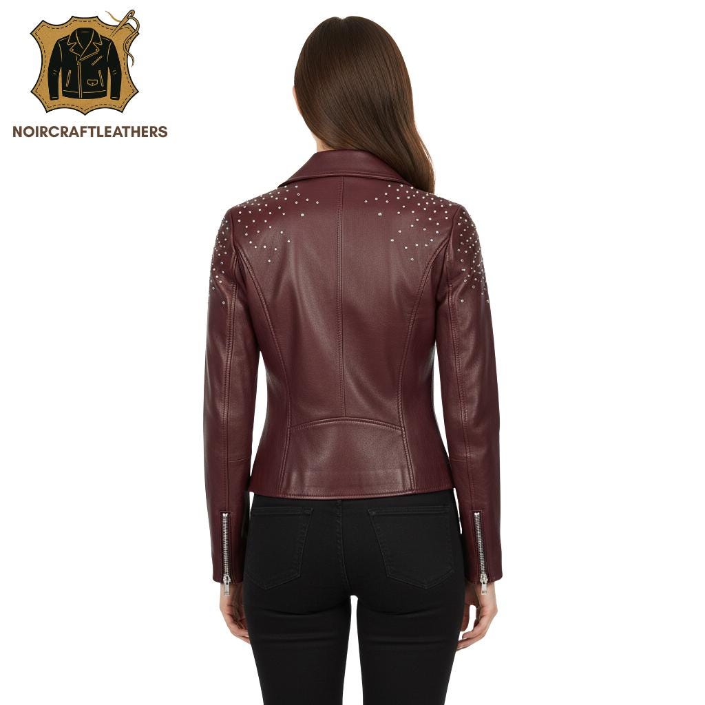 Maroon Studded Lambskin Leather Biker Jacket - Cropped Motorcycle Coat