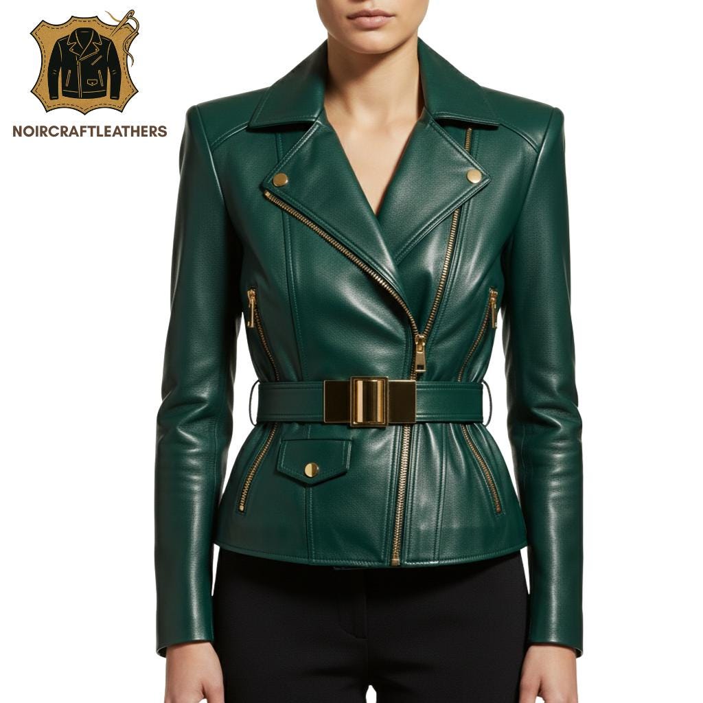 Emerald Green Lambskin Leather Biker Jacket: Women's Belted Moto Coat