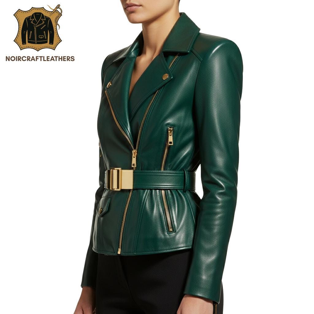 Emerald Green Lambskin Leather Biker Jacket: Women's Belted Moto Coat