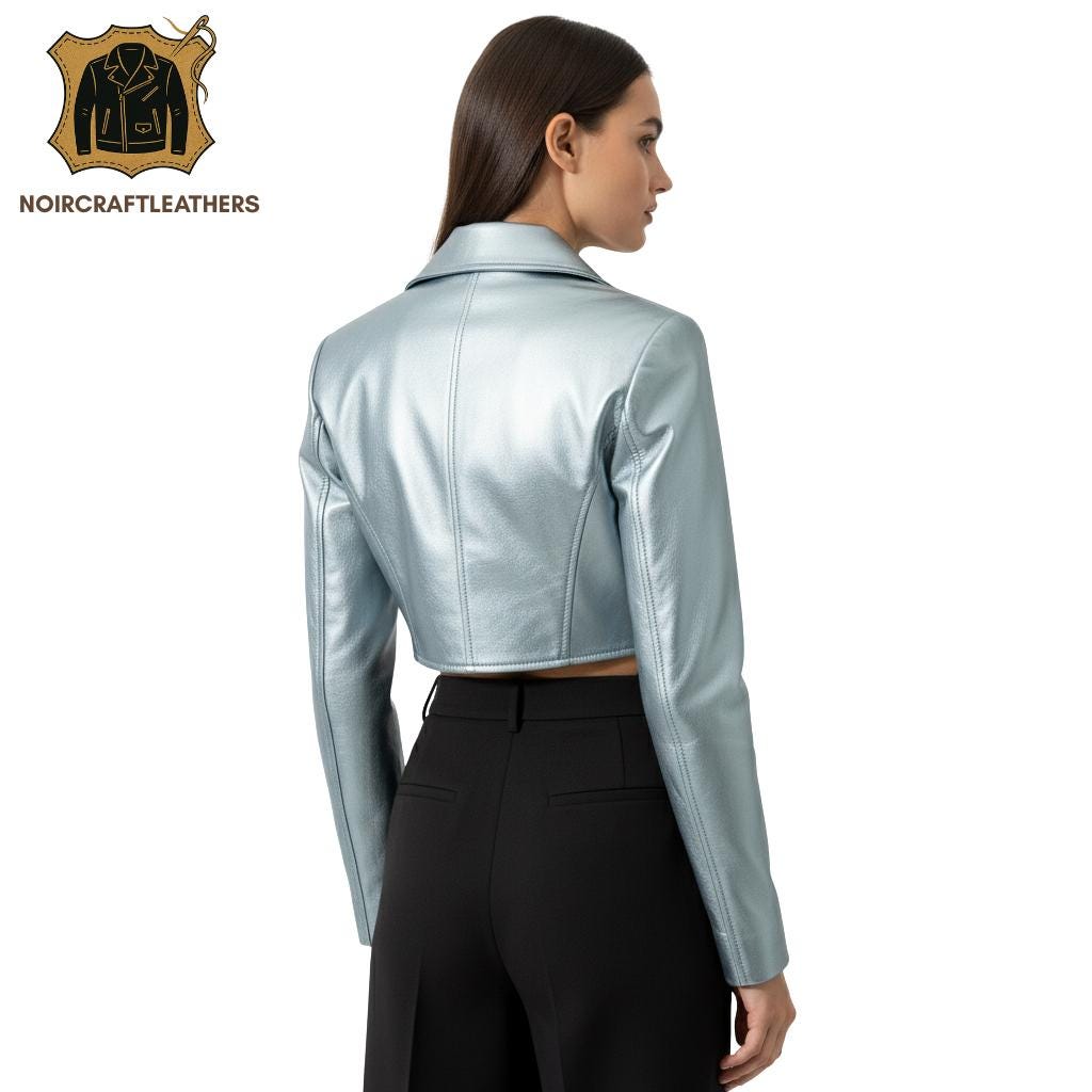 Metallic Blue Lambskin Leather Cropped Moto Jacket
