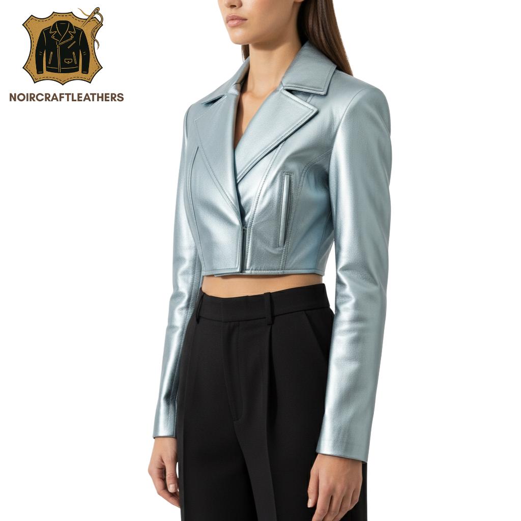Metallic Blue Lambskin Leather Cropped Moto Jacket