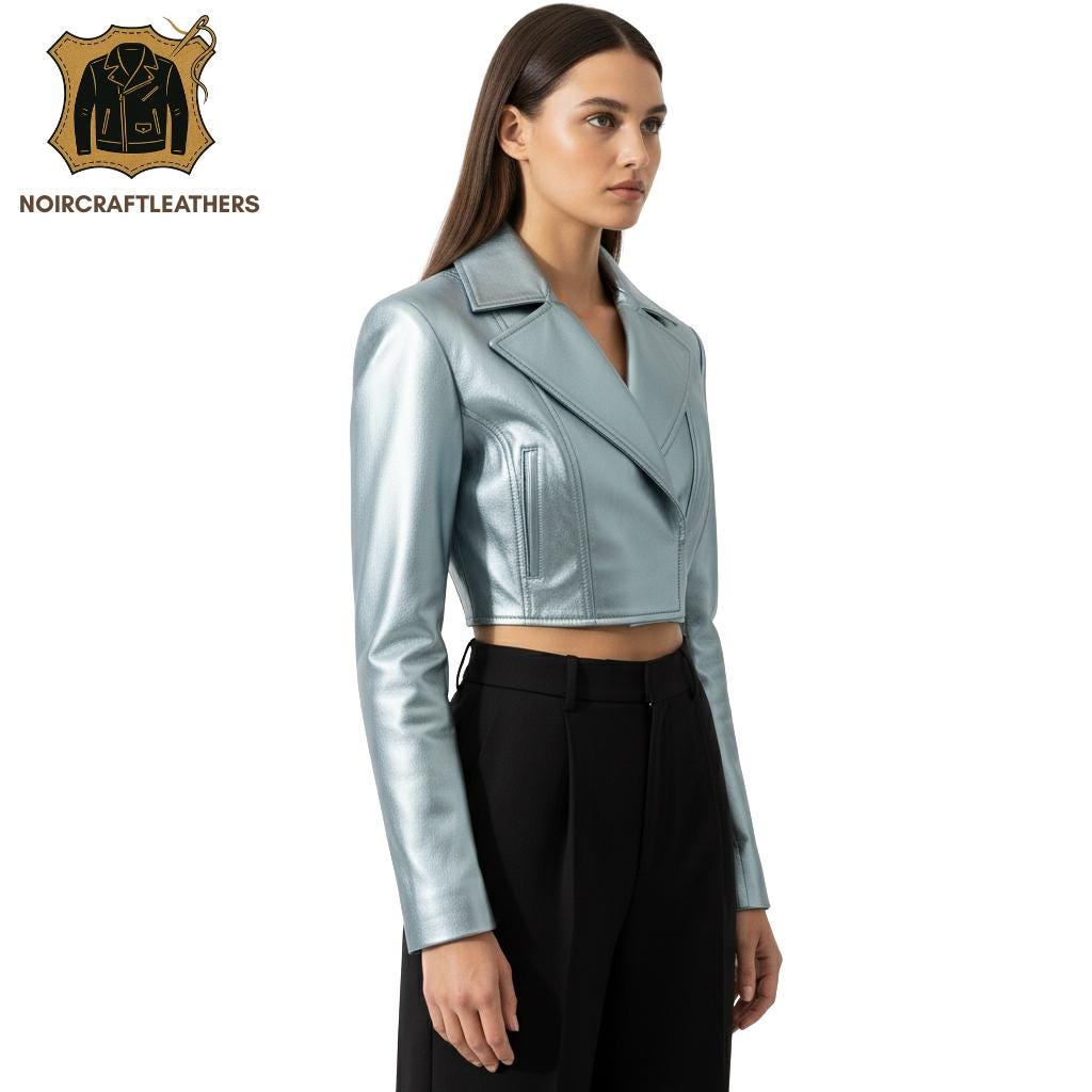 Metallic Blue Lambskin Leather Cropped Moto Jacket