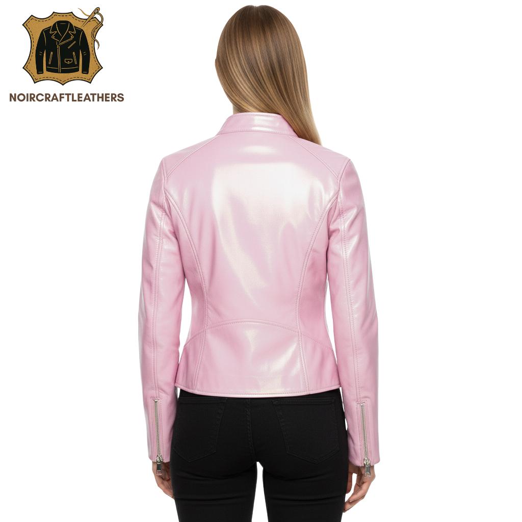 Holographic Pink Lambskin Leather Biker Jacket - Iridescent Moto Coat