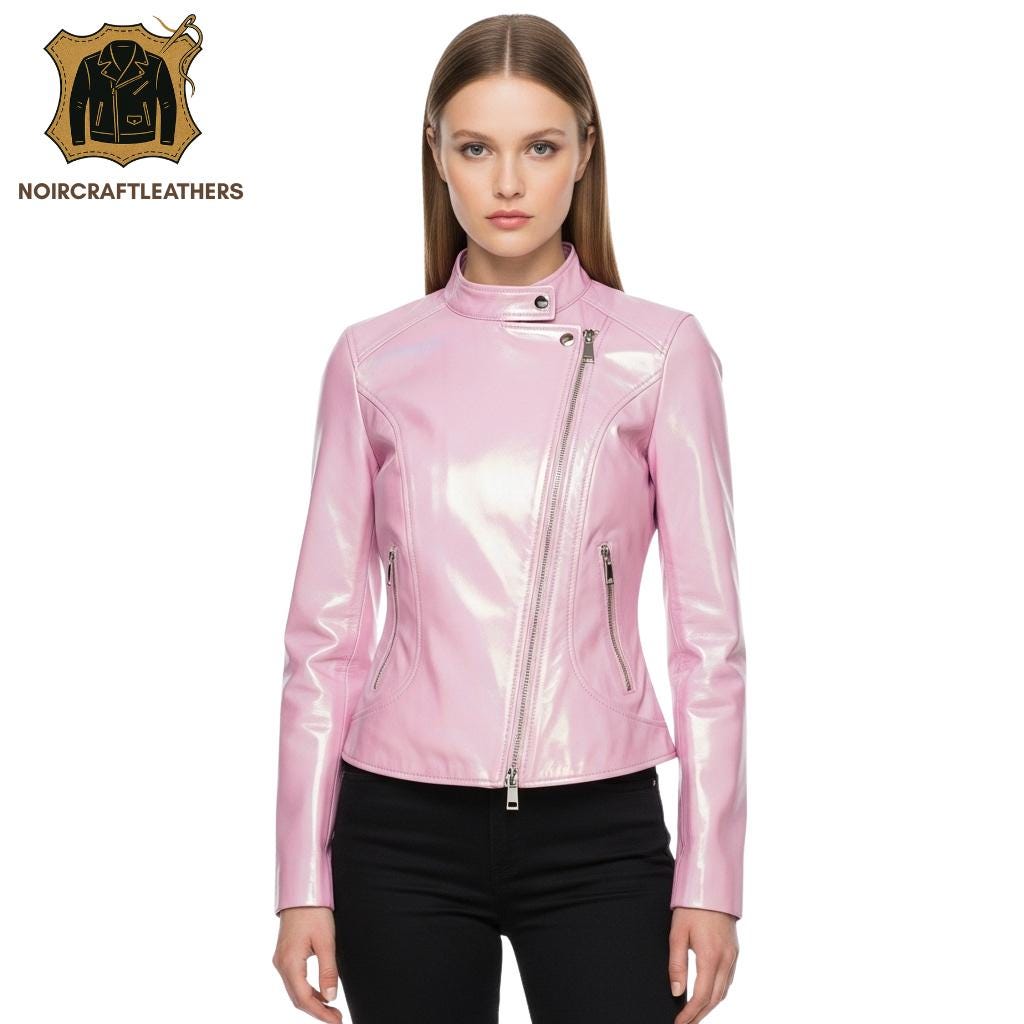 Holographic Pink Lambskin Leather Biker Jacket - Iridescent Moto Coat