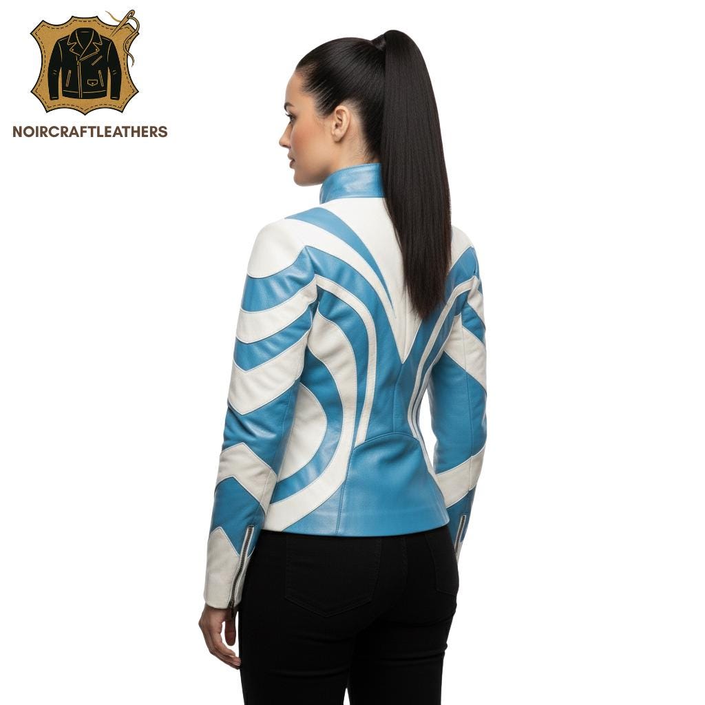 Blue & White Lambskin Leather Moto Jacket - Women's Racing Biker Coat