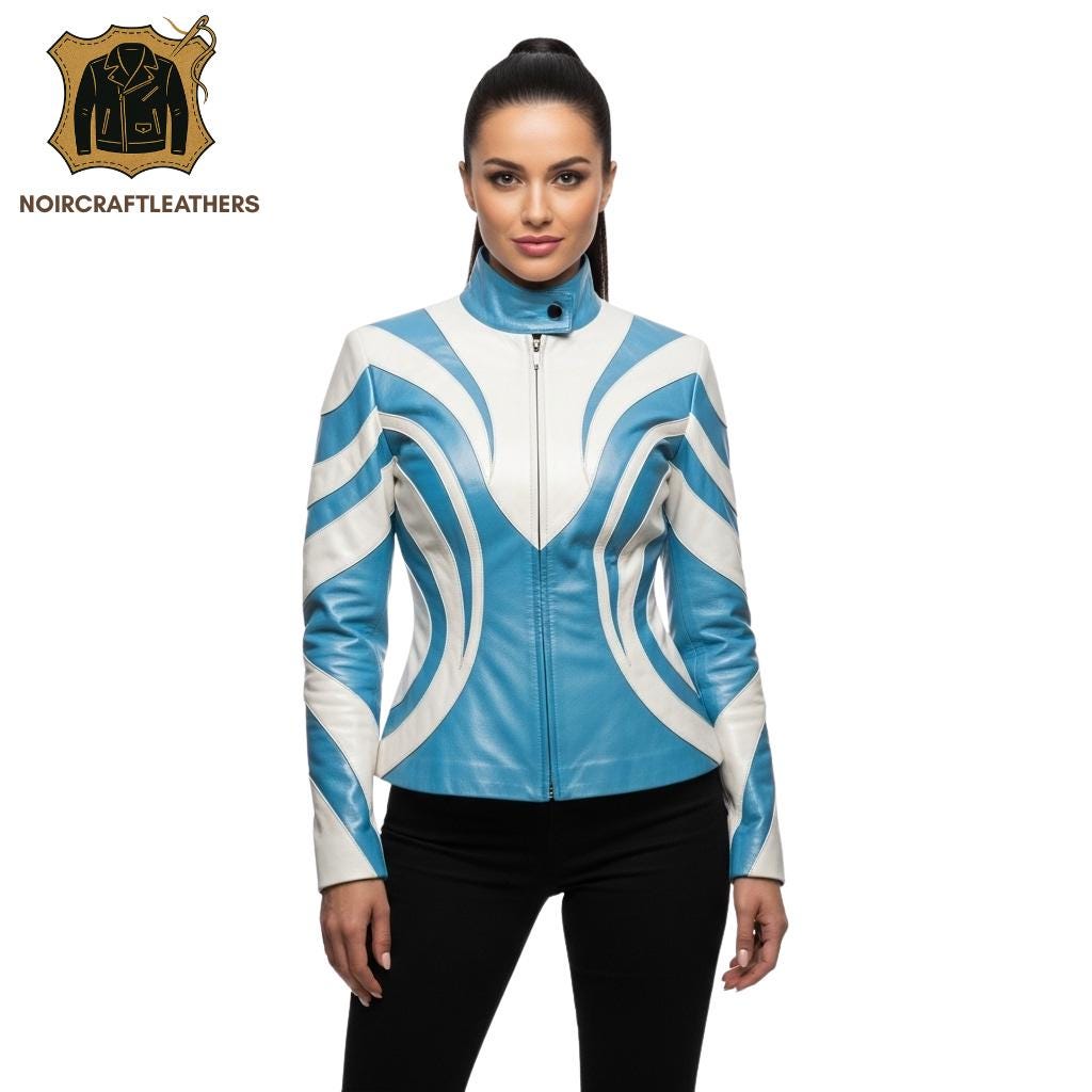 Blue & White Lambskin Leather Moto Jacket - Women's Racing Biker Coat