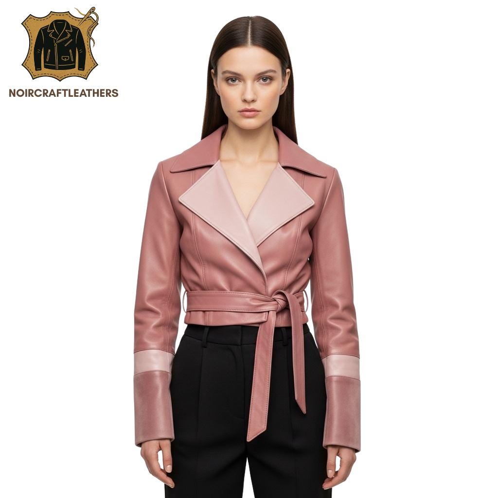 Pink Lambskin Leather Blazer: Women's Cropped Belted Shirt