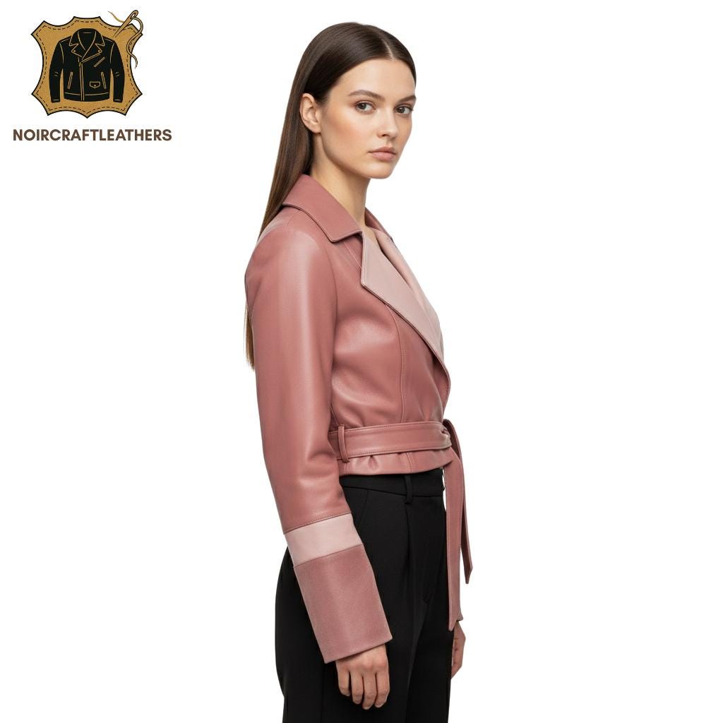 Pink Lambskin Leather Blazer: Women's Cropped Belted Shirt