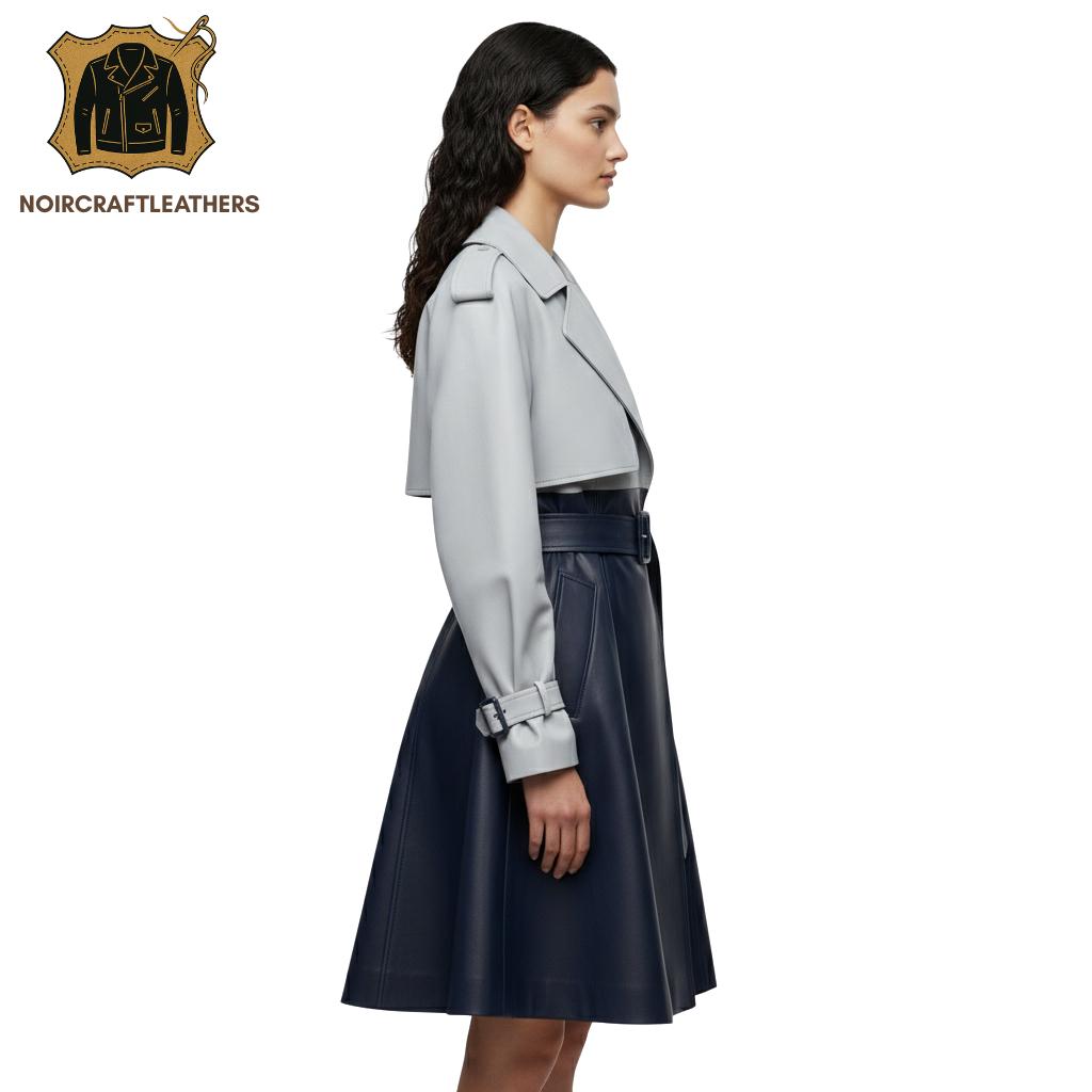 Two-Tone Lambskin Leather Trench Dress: Gray & Navy Color Block