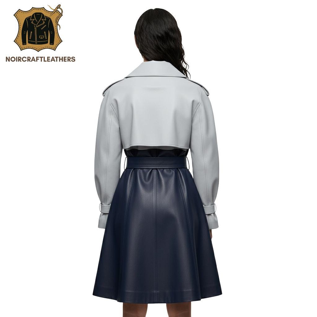 Two-Tone Lambskin Leather Trench Dress: Gray & Navy Color Block