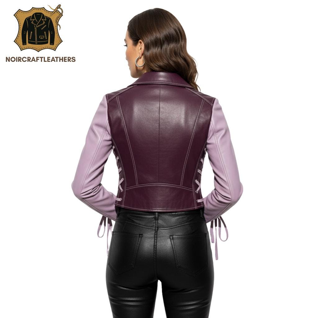 Handmade Maroon & Purple Lambskin Leather Biker Jacket: Lace-Up Moto Coat