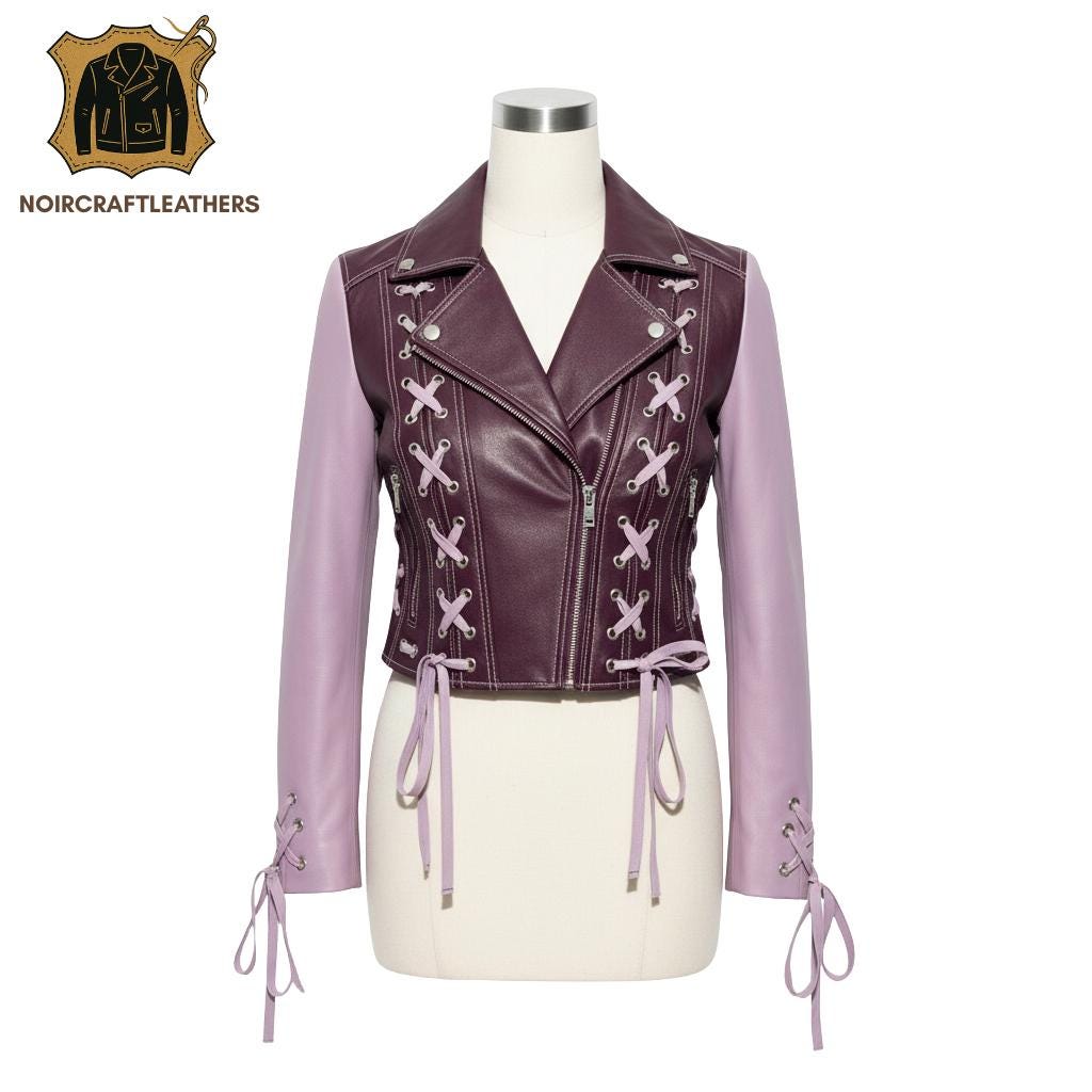 Handmade Maroon & Purple Lambskin Leather Biker Jacket: Lace-Up Moto Coat