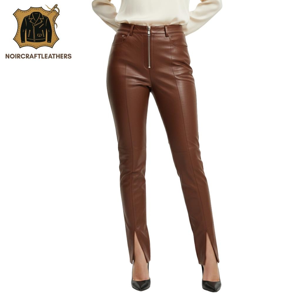 Lambskin Leather Split Hem Pants - High Waisted Slim Fit