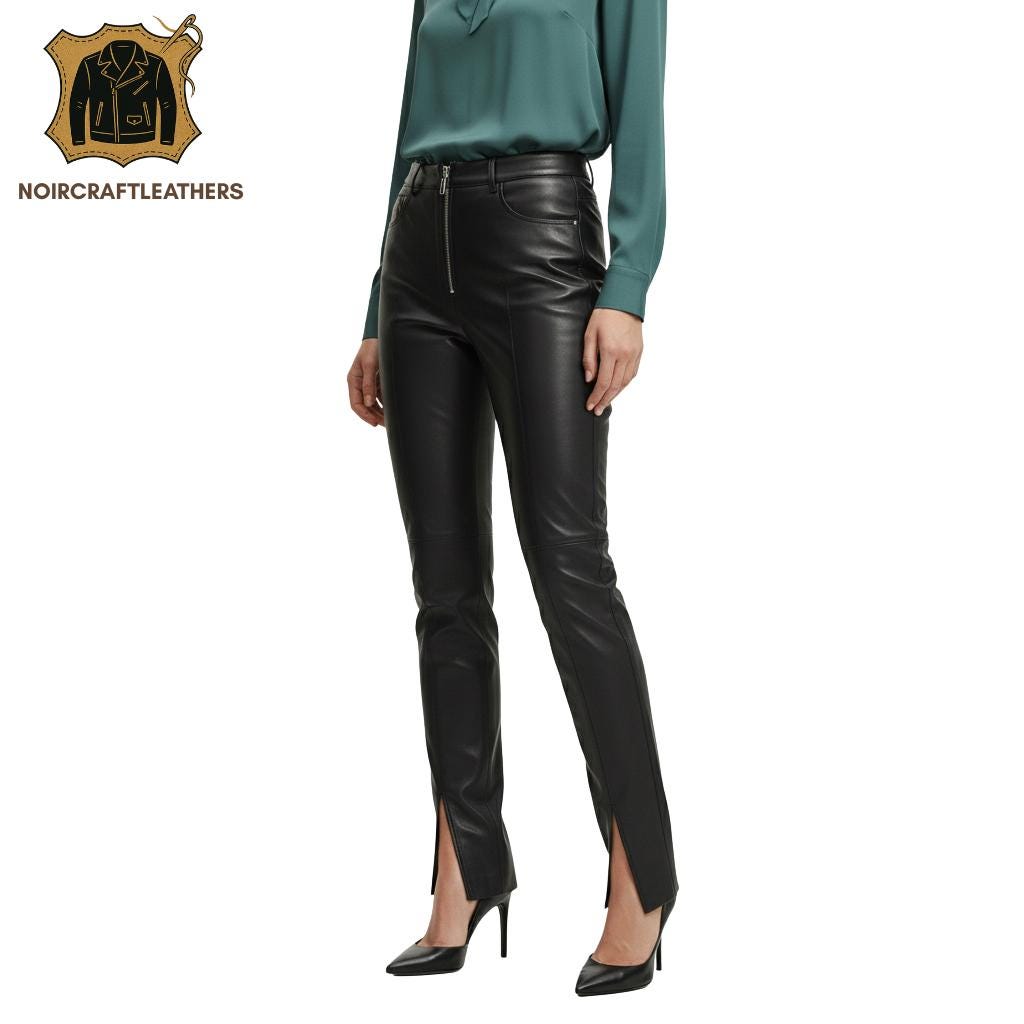 Lambskin Leather Split Hem Pants - High Waisted Slim Fit